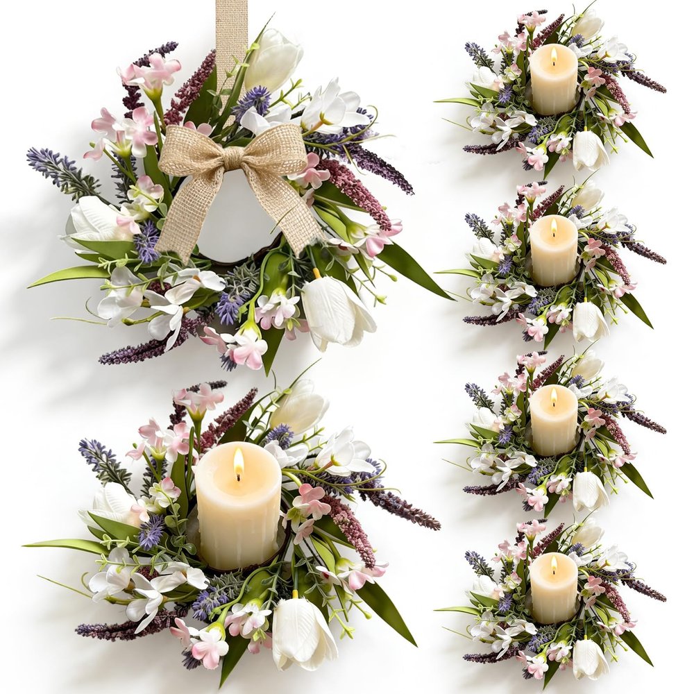 6 Pcs Mini Spring Tulips Candle Rings Wreaths Artificial Purple Lavender Small Pillar Holder Wreath Summer Floral Candle Holder Wreath for Farmhouse Porch Front Door Cabinets Table Decoration