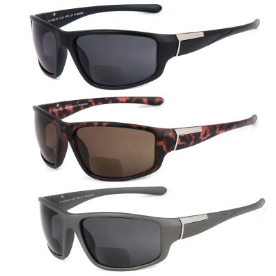 Hyyiyun 3 Pack Upgraded Bifocal Sunglasses for Men and Women, Wrap Around Outdoor Sporty UV Protection, Black/Grey/Tortoise, 2.75
