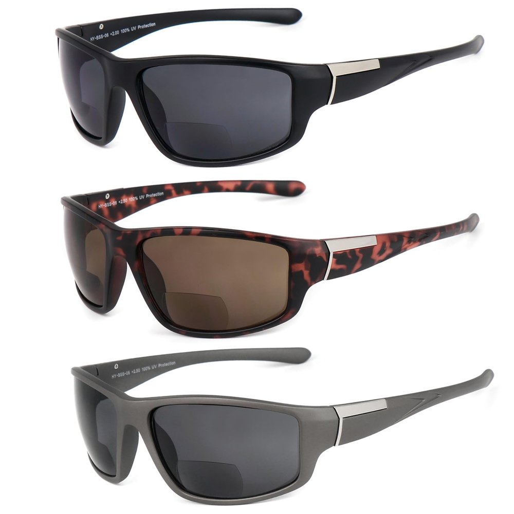 Hyyiyun 3 Pack Upgraded Bifocal Sunglasses for Men and Women, Wrap Around Outdoor Sporty UV Protection, Black/Grey/Tortoise, 2.75