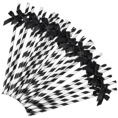 30Pcs Black Paper Straws for Drinking, Cute Black Bow Party Straws Bulk for Juice Coffee Tea Cocktail Milkshake