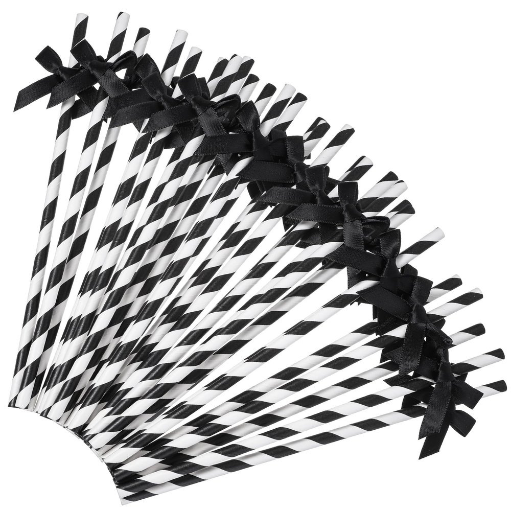 30Pcs Black Paper Straws for Drinking, Cute Black Bow Party Straws Bulk for Juice Coffee Tea Cocktail Milkshake
