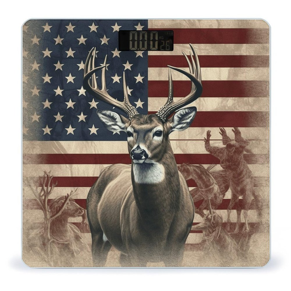 Americana Flag Deer Bathroom Scale for Body Weight LCD Display Digital Bathroom Scale Tempered Glass Bathroom Weight Scales Fashion Smart Scales for Home Bedroom 400 Lb