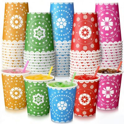 100 Pcs Mexican Paper Cups Disposable Mexico Fiesta Cups Bulk 9oz Cinco De Mayo Party Decorations for Fiesta Taco Birthday Baby Shower Party Supplies(Mexican Bunting Style)