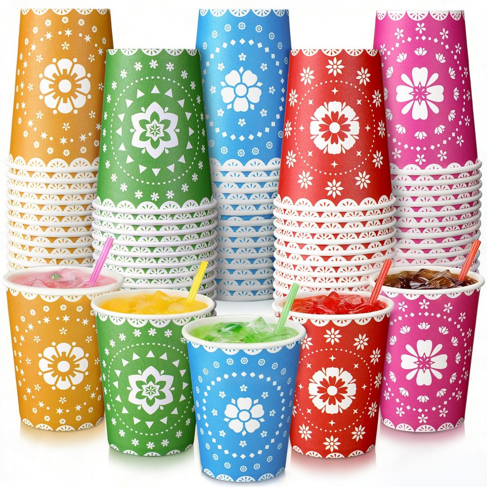 100 Pcs Mexican Paper Cups Disposable Mexico Fiesta Cups Bulk 9oz Cinco De Mayo Party Decorations for Fiesta Taco Birthday Baby Shower Party Supplies(Mexican Bunting Style)