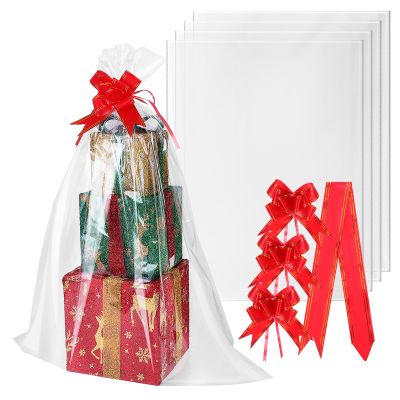 UPKOCH Large Cellophane Basket Bags 10pcs 75X100Cm Wrapping Bags with Red Bows for Holiday Basket Presentation and Mug Packaging
