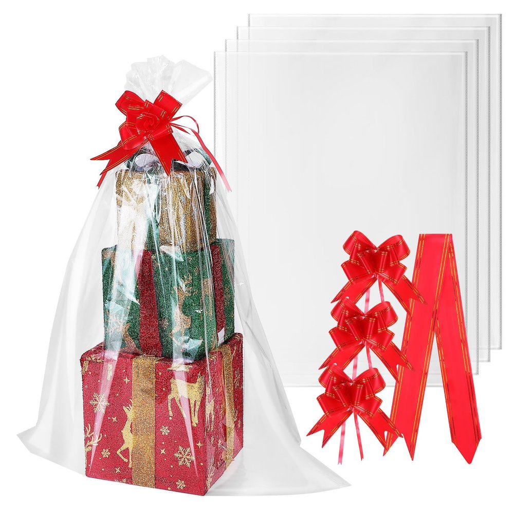 UPKOCH Large Cellophane Basket Bags 10pcs 75X100Cm Wrapping Bags with Red Bows for Holiday Basket Presentation and Mug Packaging