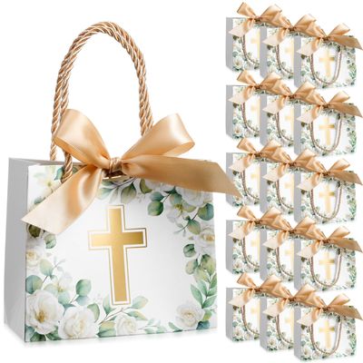 Moinchore 40 Pack Religious Baptism Party Favor Bag Small First Communion Gift Bag with Handle White Peony Cross Christian Paper Tote with Bow for Church Wedding Confirmation 5.5 x 2.4 x 4.7