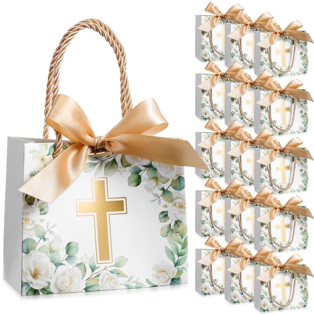 Moinchore 40 Pack Religious Baptism Party Favor Bag Small First Communion Gift Bag with Handle White Peony Cross Christian Paper Tote with Bow for Church Wedding Confirmation 5.5 x 2.4 x 4.7