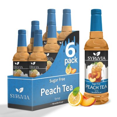 Sugar-Free Peach Tea Syrup by Syruvia 6-Pack, 25.4 fl oz, Wholesale Coffee Syrup Shops, Cafes, Baristas, Bistros, & Beverage Bars, Bulk Kosher & Gluten-Free