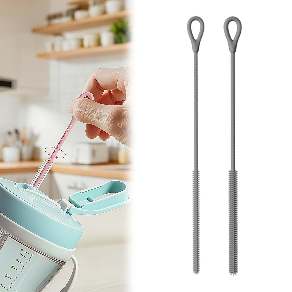 2/5pcs Silicone Straw Brushes, Reusable Straw Brush (6mm + 9mm) Water Bottle and Straw Cleaner Brush Long Handle for Cleaning Narrow & Wide Straws, Tumblers (2, Grey)