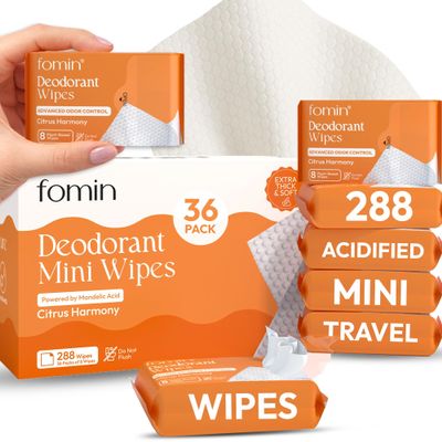 FOMIN Acidified Travel Deodorant Mini Wipes For Women & Men- Citrus Harmony - 288 Count - pH Balanced, Biodegradeable Mini Deodorant Travel Size Wipes - Plastic-Free, Underarm Body Wipes