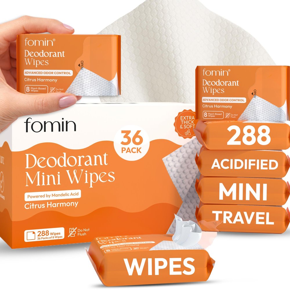 FOMIN Acidified Travel Deodorant Mini Wipes For Women & Men- Citrus Harmony - 288 Count - pH Balanced, Biodegradeable Mini Deodorant Travel Size Wipes - Plastic-Free, Underarm Body Wipes