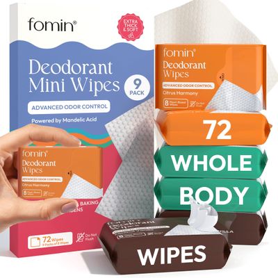 FOMIN Acidified Travel Deodorant Mini Wipes For Women & Men- Variety Pack - 72 Count - pH Balanced, Biodegradeable Mini Deodorant Travel Size Wipes - Plastic-Free, Underarm Body Wipes