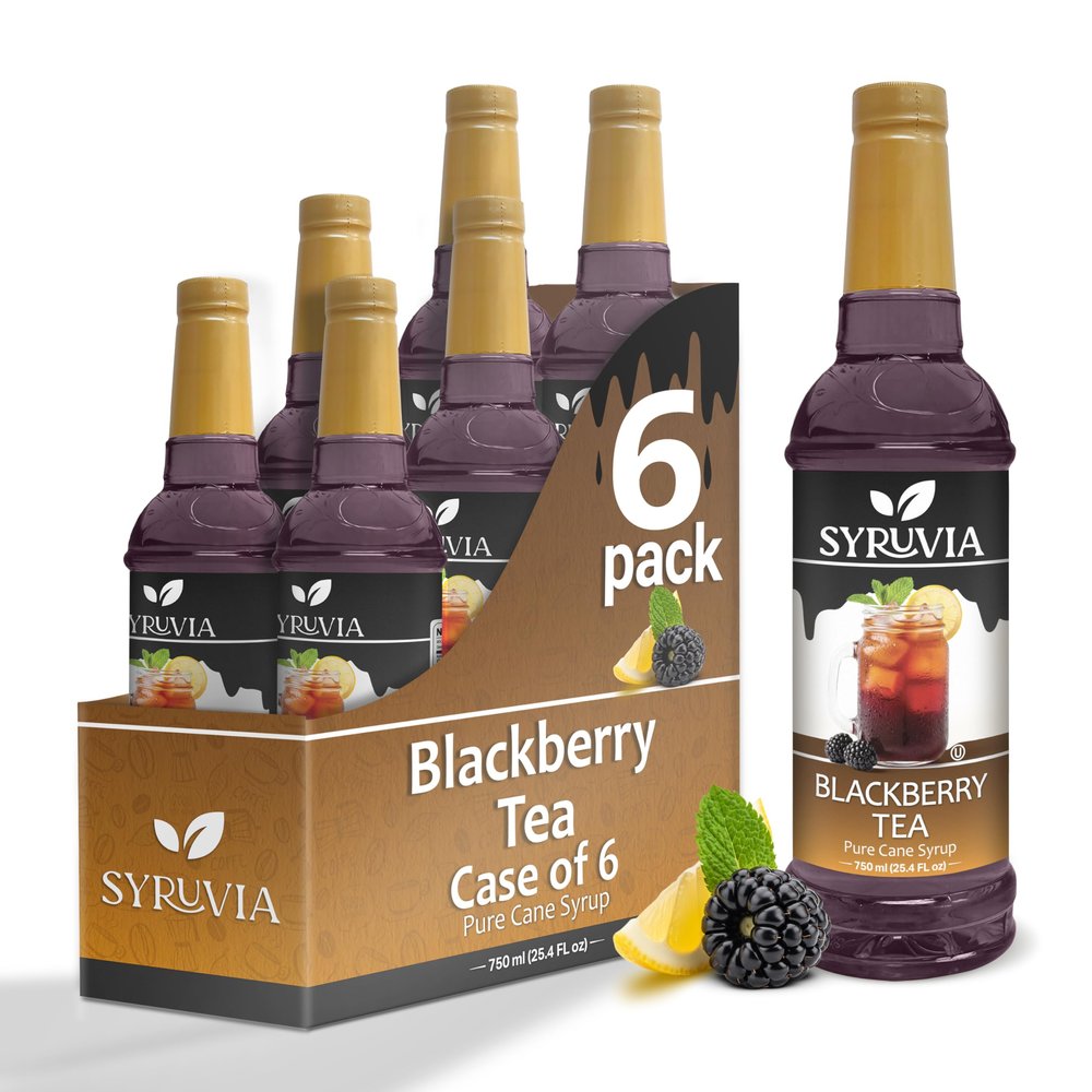 Blackberry Tea Syrup by Syruvia 6-Pack, 25.4 fl oz, Wholesale Coffee Syrup Shops, Cafes, Baristas, Bistros, & Beverage Bars, Bulk Kosher & Gluten-Free