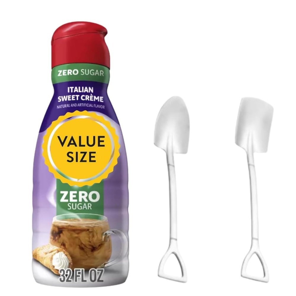 Premium Liquid Coffee Creamer 32 fl oz Bottles of Creamy Smooth Non-Dairy Coffee Creamer with Dumbass Coffee Mini Metal Shovel Spoons (Zero Sugar Italian Sweet Creme) Shovel Spoons