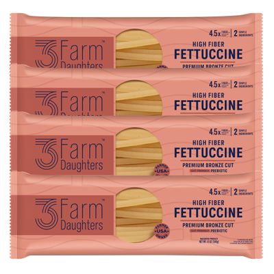 Three Farm Daughters High Fiber Pasta Fettuccine Pack, Irresistible, Low GI, Non GMO Fettuccine Pasta Noodles, Low Net Carb, Made in the USA from Just 2 Simple Ingredients, 12 oz. (4 Pack)