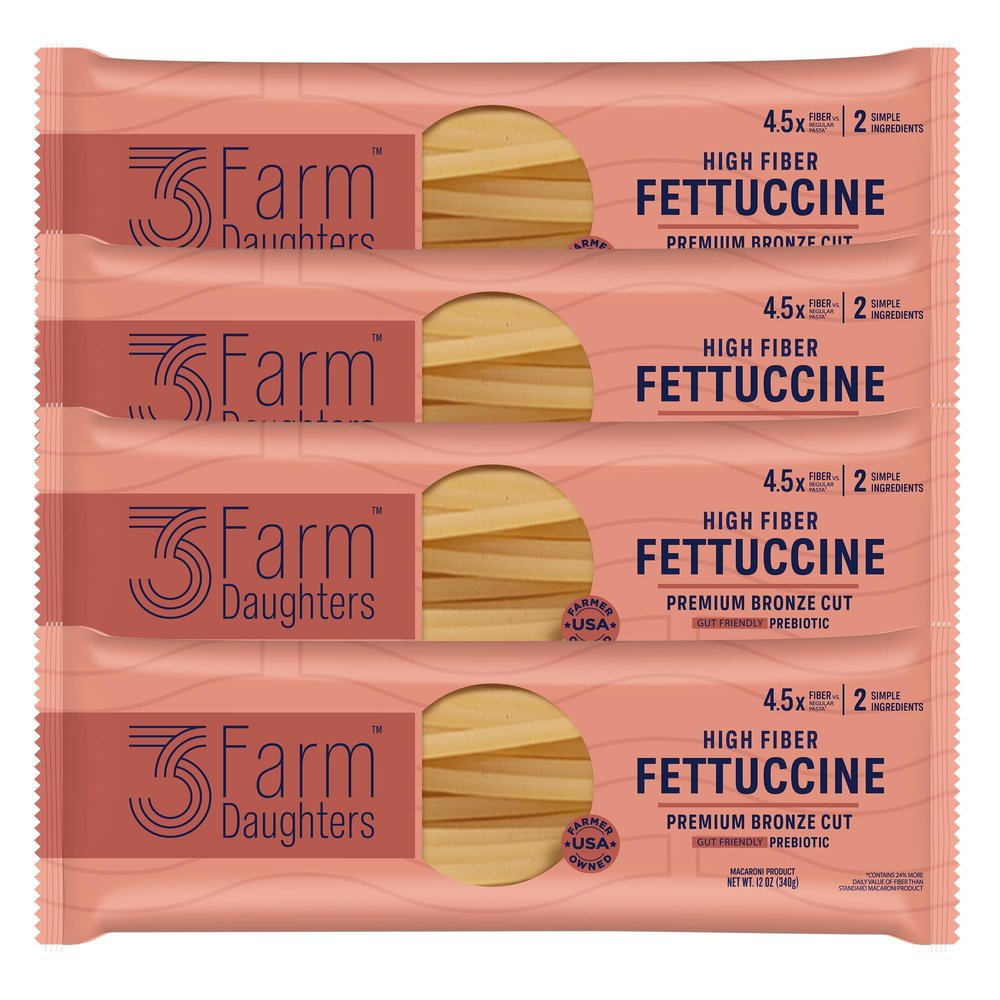 Three Farm Daughters High Fiber Pasta Fettuccine Pack, Irresistible, Low GI, Non GMO Fettuccine Pasta Noodles, Low Net Carb, Made in the USA from Just 2 Simple Ingredients, 12 oz. (4 Pack)