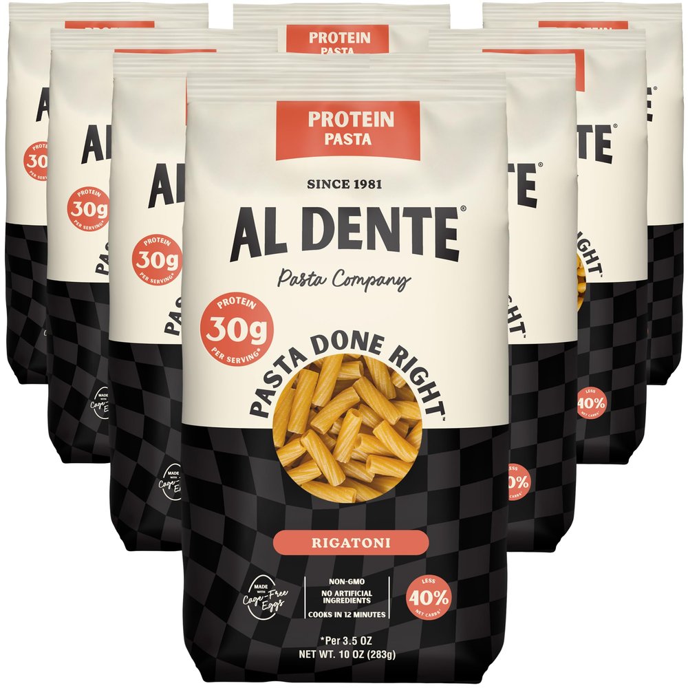 Al Dente Protein Pasta Rigatoni 30g High Protein, Lower Carb, High Fiber. Artisanal Flavor: Cage-Free Eggs & Semolina. Keto and Point-Based Diet-Friendly. 10oz Bags (Pack of 8)