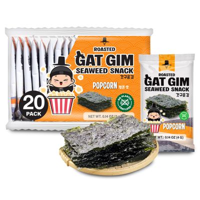 Jayone Roasted Gat Gim Seaweed Snack - Popcorn Flavor, Korean Crispy Nori Seaweed Snacks, No Plastic Tray 20 Pack, Low Fat, 20 x 0.14 oz