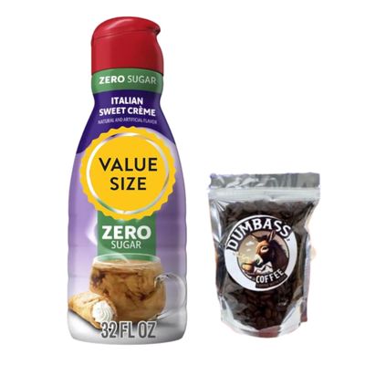 Premium Liquid Coffee Creamer 32 fl oz Bottles of Creamy Smooth Non-Dairy Creamer with Dumbass Coffee Whole CoffeeBean Medium/Dark 1 oz (Zero Sugar Italian Sweet Creme) Coffee