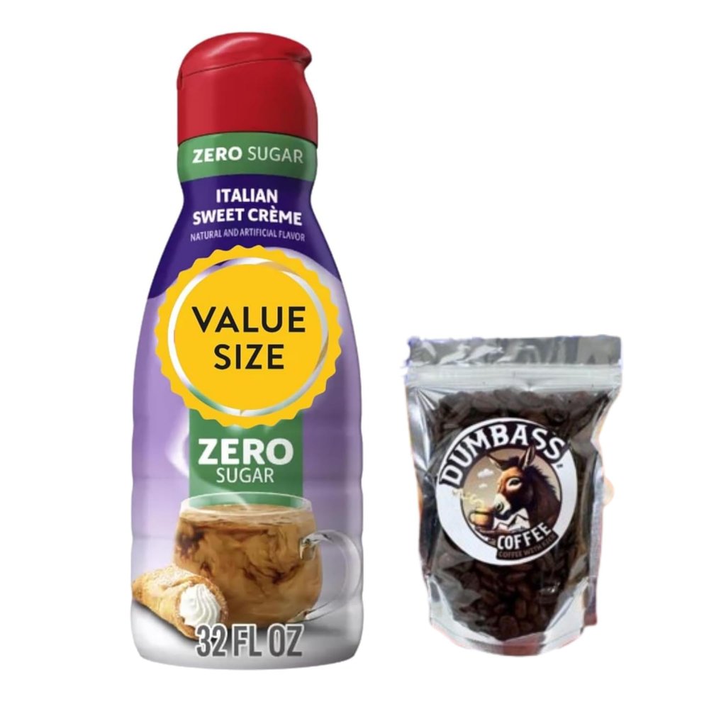 Premium Liquid Coffee Creamer 32 fl oz Bottles of Creamy Smooth Non-Dairy Creamer with Dumbass Coffee Whole CoffeeBean Medium/Dark 1 oz (Zero Sugar Italian Sweet Creme) Coffee