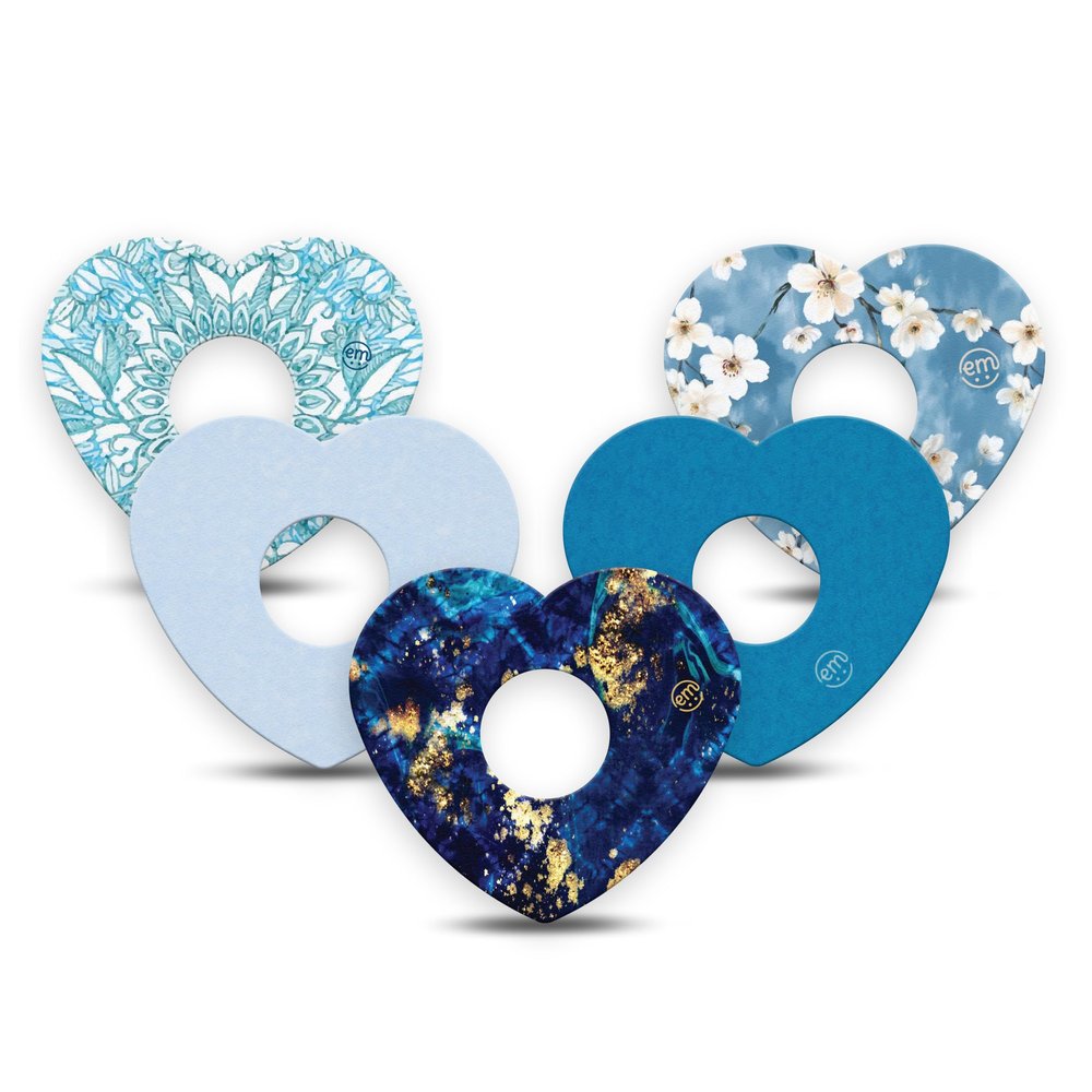 ExpressionMed - Adhesive Patches for Libre 3 & Libre 3 Plus (5-Pack) - Heart-Shaped, Waterproof & Sweatproof, Non-Fraying - Pre-Cut CGM Sensor Tapes - (Glacial Blue Variety Pack) - Made in USA