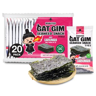Jayone Roasted Gat Gim Seaweed Snack - Spicy Carbonara Flavor, Korean Nori Seaweed Snacks, No Plastic Tray 20 Pack, Low Fat, 20 x 0.14 oz
