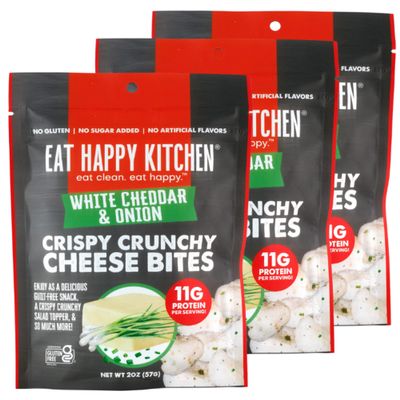 Eat Happy Kitchen Crispy Cheese Bites, White Cheddar & Onion, 2 oz (Pack of 3) Crunchy Real Cheese Snack 11g Protein Low Carb Gluten Free, No Sugar Added, Nothing Artificial