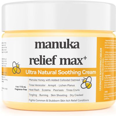 Max Strength Treat Natural Organic Manuka Honey Cream Ointment, Soothing Relief for Dry, Heat Rash, Hidradenitis, Itchy, Eczema, Psoriasis, Leg, Belly, Armpit, Foot, Hand, Irritable Skin For All Ages