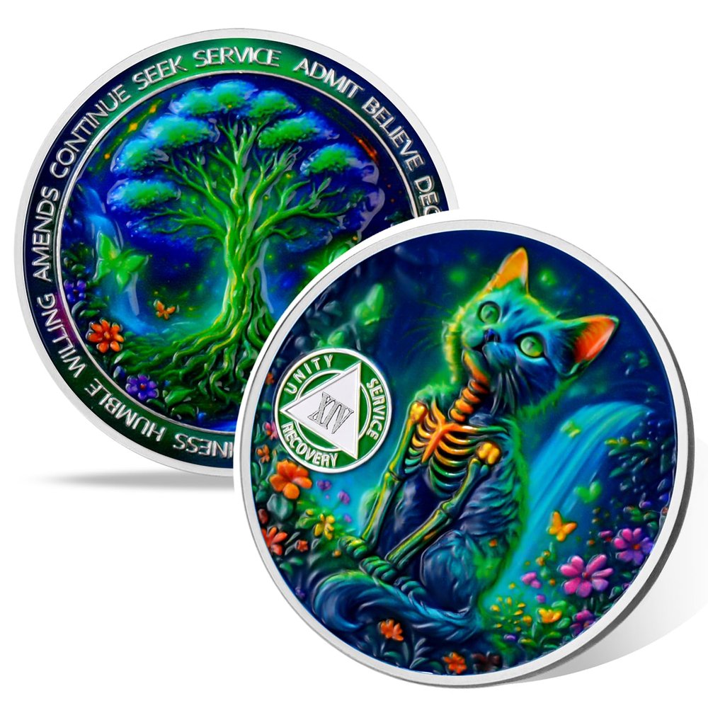 Vitalway Glow Forest Cat 14 Year Sobriety Coin, Affirmation AA Medallions