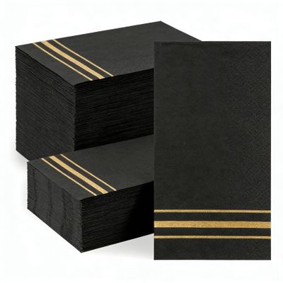 150 Pack Black and Gold Paper Napkins Black Napkins Disposable Gold Line Dinner Napkin Black Cocktail Napkins Decorative Guest Napkin Hand Towels for Bathroom Wedding Graduation Party Decorations
