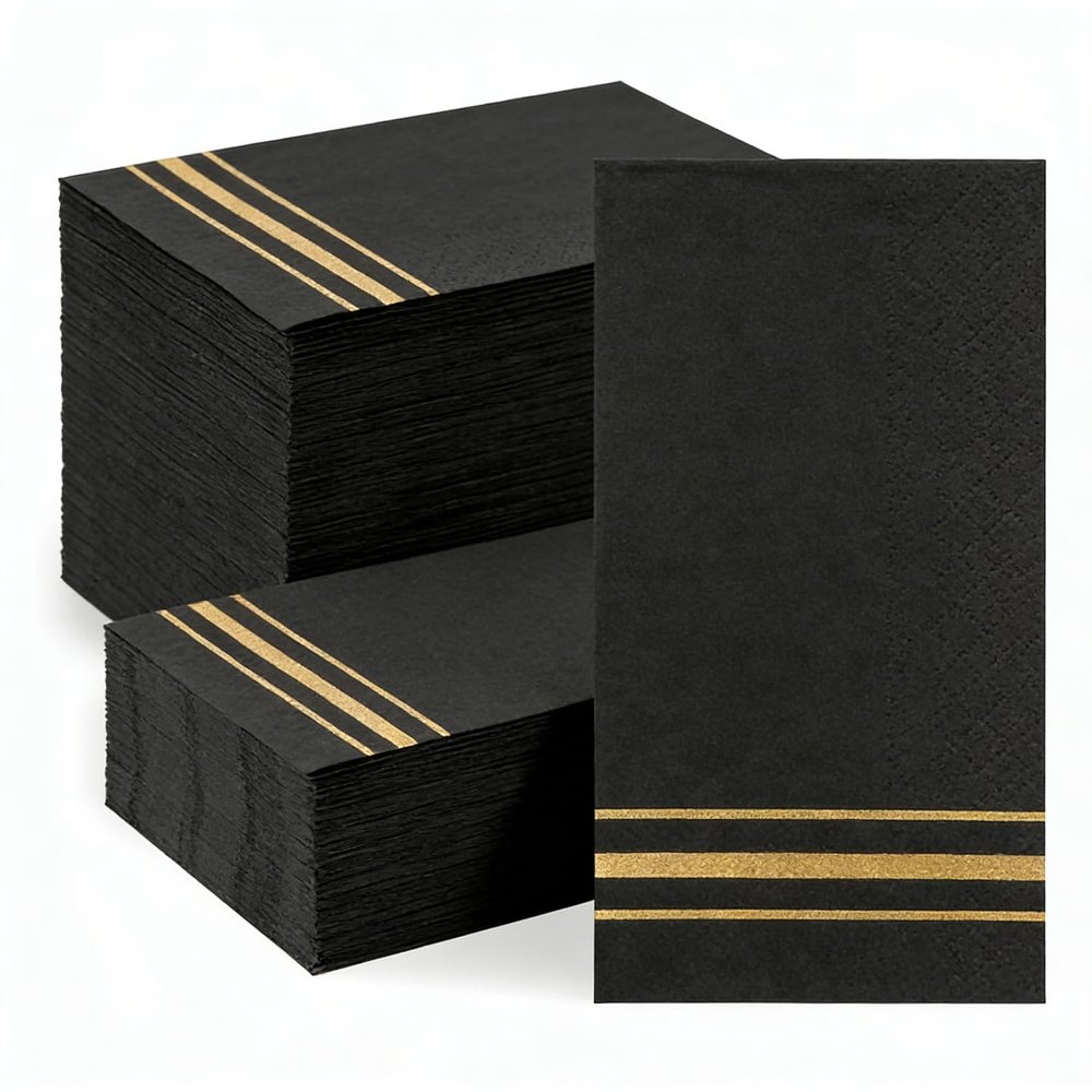 150 Pack Black and Gold Paper Napkins Black Napkins Disposable Gold Line Dinner Napkin Black Cocktail Napkins Decorative Guest Napkin Hand Towels for Bathroom Wedding Graduation Party Decorations