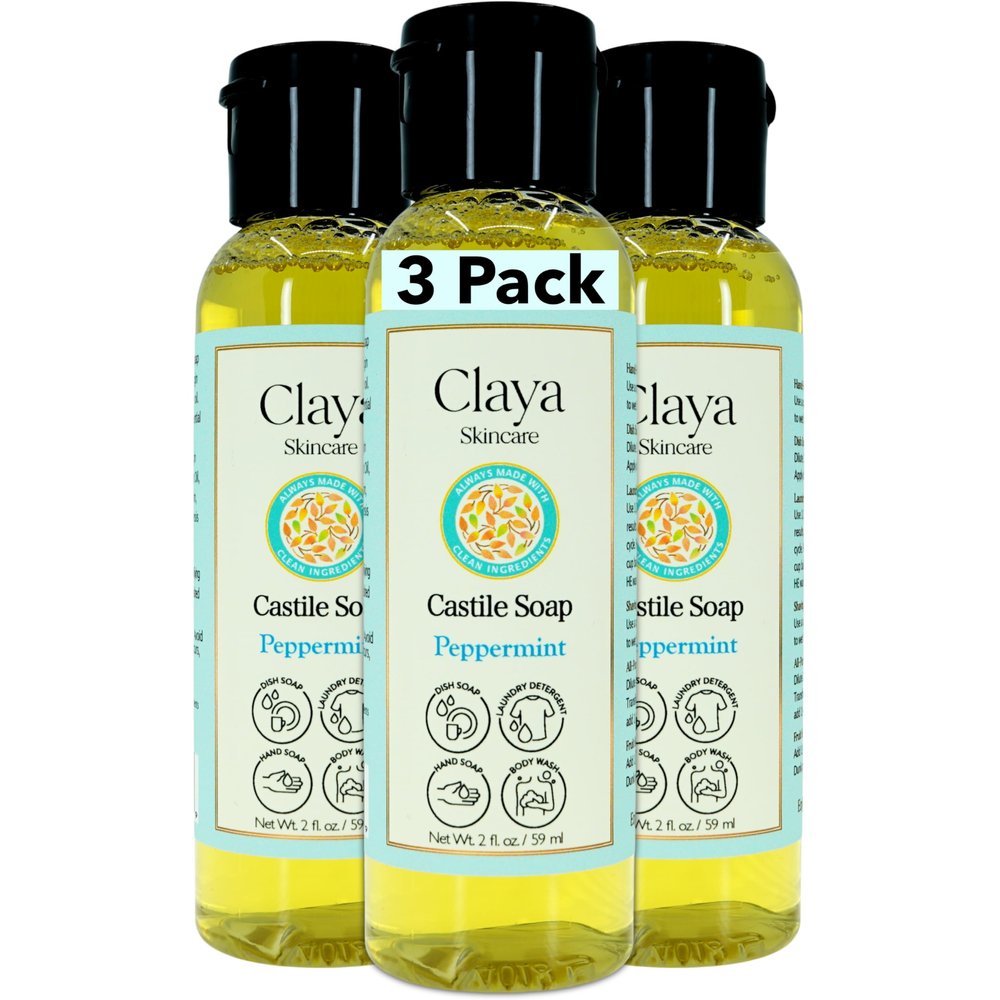 Claya Peppermint Liquid Castile Soap Organic Ingredients, Biodegradable, Gentle for Sensitive Skin, Versatile Use and Travel Size (3 Pack of 2 fl oz)