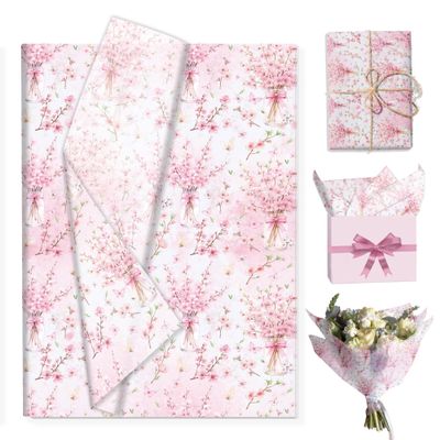 100sheets Pink Blossom Tissue Paper Floral Patterns Wrpping Tissue DIY Gifts Wrap Art Paper for Wedding Birthday Baby Shower Springpring Tea Party Decorations,13.8 x 19.7 inches,