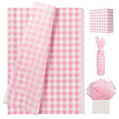 UNIQOOO 120 Sheets Dusty Pink Gingham Tissue Paper, Buffalo Plaid Gift Wrapping Tissue DIY Art Craft Tissue Paper for Wedding Birthday Baby Shower Bouquet Supplies, 20 x 14 Inch