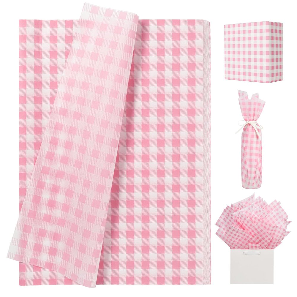 UNIQOOO 120 Sheets Dusty Pink Gingham Tissue Paper, Buffalo Plaid Gift Wrapping Tissue DIY Art Craft Tissue Paper for Wedding Birthday Baby Shower Bouquet Supplies, 20 x 14 Inch