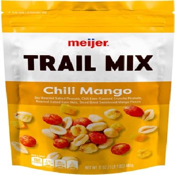 Chili Mango Dry Roasted Salted Peanuts, Chili Lime Flavored Crunchy Peanuts, Roasted Salted Corn Nuts, Diced Dried Sweetened Mango Pieces Trail Mix (1 Bag, 17 oz.)