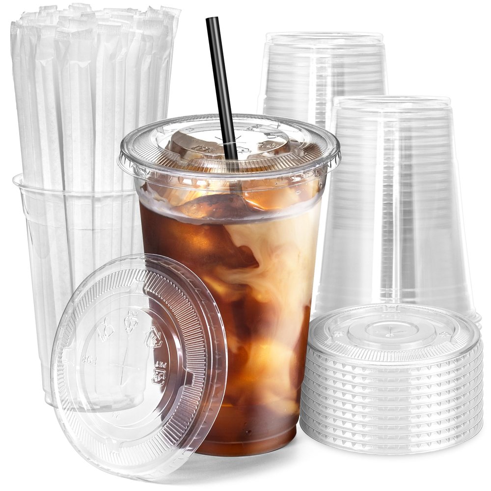 Fit Meal Prep 200 Pack 20 oz Plastic Iced Coffee Cups with Flat Lids and Black Straws, Disposable Clear Cup, BPA Free Cup for Party, Smoothie, Cold Drinks, Juice, Milkshake, Bubble Boba, Tea
