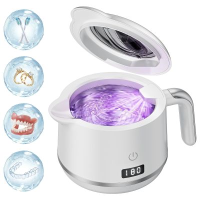 Dental Cleaning Pod, 45kHz Ultrasonic Retainer Cleaner Machine for Dentures, Mouth Guards, Braces, Aligners, Night Guard, Digital Timer, 5 Modes, 200ML Capacity, White