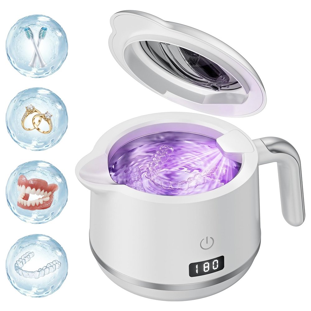 Dental Cleaning Pod, 45kHz Ultrasonic Retainer Cleaner Machine for Dentures, Mouth Guards, Braces, Aligners, Night Guard, Digital Timer, 5 Modes, 200ML Capacity, White