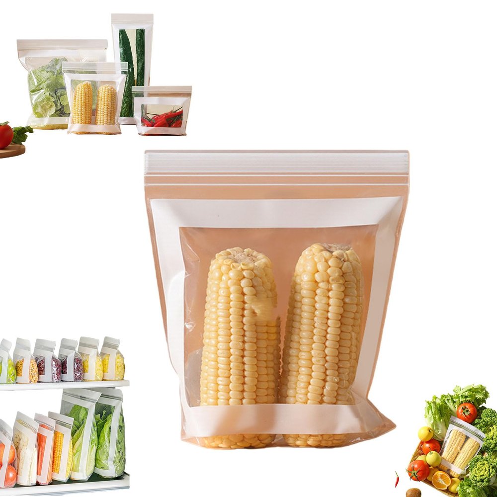 Kitchen Food Grade Fresh-Keeping Bags, Reusable Clear Leakproof Plastic Double Seal Produce Bags, Storage Bag for Refrigerator for Vegetables & Fruits (M, 50counts)