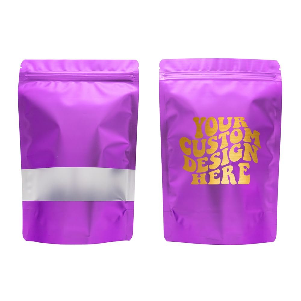 100PCS Customized Resealable Packaging Bag with Clear Windows Stand Up Foil Mylar Bag Reusable Smell-proof Bag for Small Business (Purple, 10 * 15 * 5.6CM/4.0"*6.0"*2.2"-100PCS)