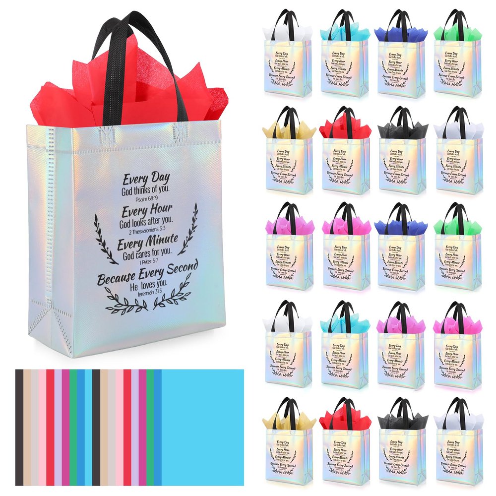 LUAVIARU 40 Pcs Bible Verse Christian Gift Bags Set 20 Silver Reusable Gift Bag with Handles & 20 Tissue Paper, Religious Gift Bag for Church Events, Baptism, Easter, Communion, Congratulations