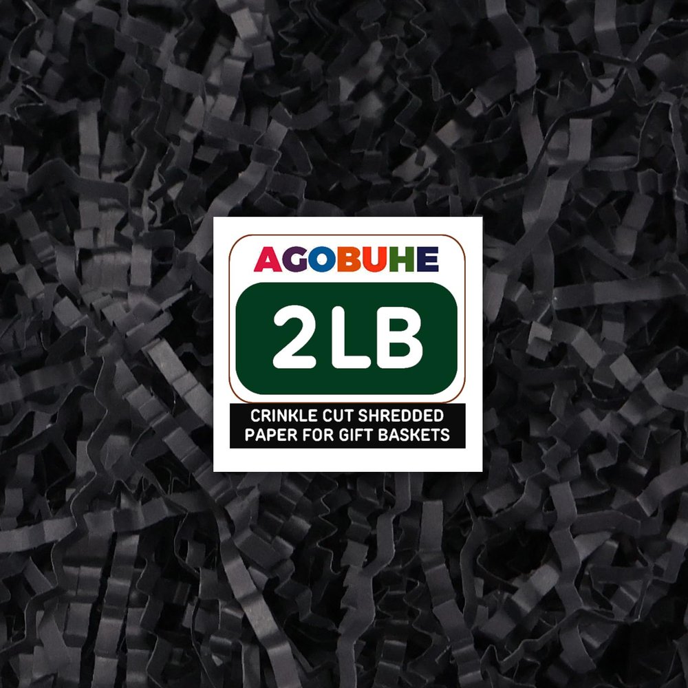 AGOBUHE 2 LB Crinkle Paper Filler 32 oz Black Shredded Paper for Gift Baskets & Box, Gift Filling and Basket Stuffers, Paper Shreds Stuffing for Easter Party Birthday Packaging Wrapping