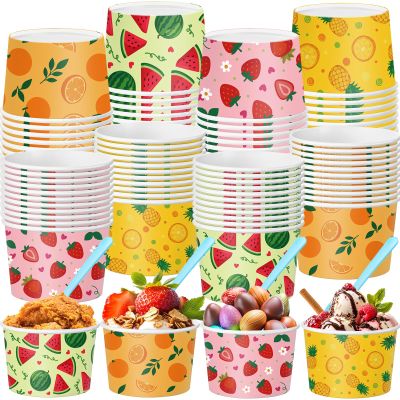 100 Pcs 9 oz Fruit Ice Cream Cups with Spoons Summer Treat Snack Bowls Hawaii Dessert Cups Strawberries Watermelon Pineapple Paper Soup Bowls for Sundae Frozen Yogurt Cold Food Party Favor Supplies
