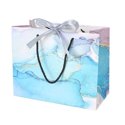 OUFEIJIA 20 Pcs Blue Marble Pattern Bags with Tie Closure Clothing Store and Cosmetic Paper, Handled Tote for Retail Packaging(Silver,M)