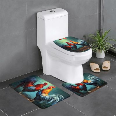 WHJSSF Cute Rooster Chickens Printed Bathroom Anti Slip Quick Drying Three Piece Set, Slip Quick Drying Durable Shower Bath mat