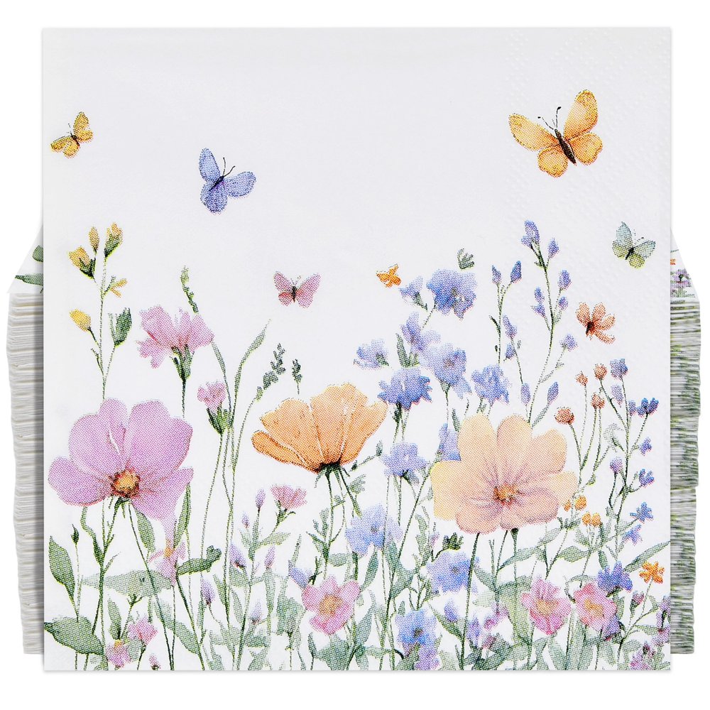 100 Count Wildflower Butterfly Floral Cocktail Napkins Spring Garden Paper Beverage Napkins for Parties Showers Events