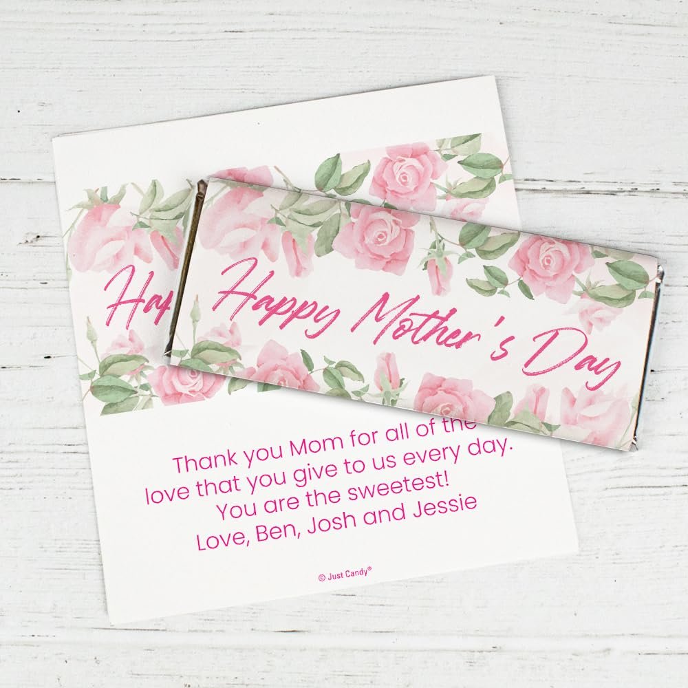 100 Pack Personalized Mothers Day Soft Roses Chocolate Candy Bar Wrappers For Moms Day Gifting, Church And Office Giveaways, DIY Favors & More (Candy Not Included) - Soft Roses