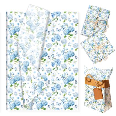 100Sheets Blue Hydrangea Flower Tissue Paper Hydrangea Butterfly Gifts Wrapping Paper DIY Art Wrap Tissue for Birthday Wedding Spring Party Decoration Supplies, 13.8 x 19.7 inches